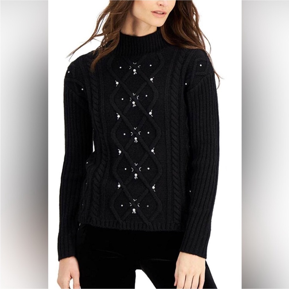 Donna Karen Embellished Mock Neck Cable Knit Sweater Black Size M NWT